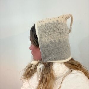 Wool beaded bonnet.